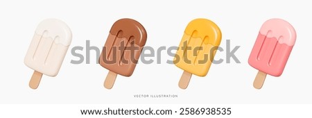 3D Ice cream on stick in different colors icon set. Popsicle chocolate, vanilla, strawberry and mango. Gelato emoji. Summer dessert. Cartoon design icons isolated on white. 3D Vector illustration