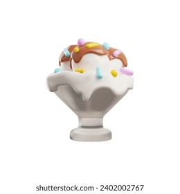 taza de helado sundae en 3D. Tres cucharas de helado recubiertas de chocolate y espolvorines. Postre decorado congelado. Representación de ilustración vectorial aislada.