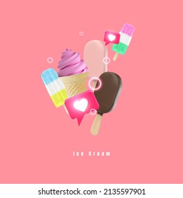 Vector 3D de crema de hielo con fondo pastel colorido
