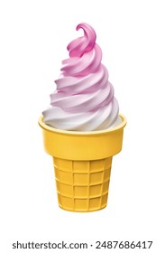 3d ice cream in waffle cone vector illustration. Realistic render isolated