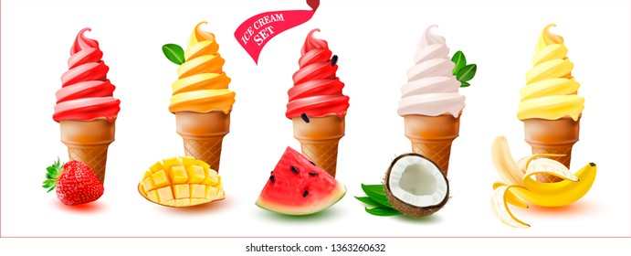 3d.Set of Ice cream Waffle Cone.Mango. Watermelon. Coconut. Strawberry. Banana.Waffle Cone with soft creamy ice cream on white background. Vector.