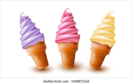 3d. Ice cream in a waffle cup. Three Soft creamy fruit ice creams on a white background. Realistic vector image.