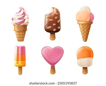 3d ice creams. Soft icecream waffle cone popsicle swirl twist eskimo heart on stick fruit lollipop render, summer time frozen sweets dessert, realistic exact vector illustration original artwork