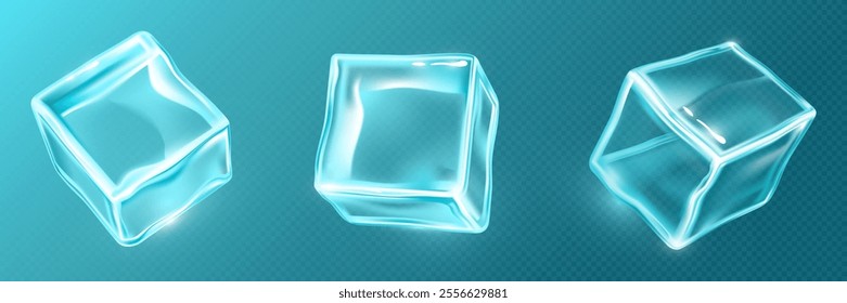 3D ice cubes set isolated on transparent background. Vector realistic illustration of glass or frozen water blocks shining with neon blue light, cold crystals for cool cocktail, glossy square bricks