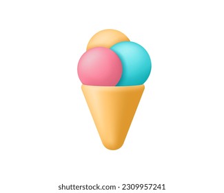 3d icecream vector icon. Render waffle cone with ice cream scoops. Summer holiday, beach, vacation concept. 3d rendering realistic icecream cartoon illustration