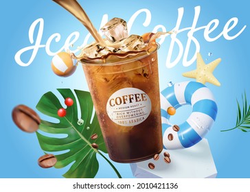3d iced coffee ad template in summer concept. Plastic takeout cup with splashes and other swim objects.