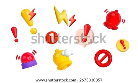 3d icon alert, danger, important information, problem. Danger attention bell, message speech bubbles, alert notification, prohibited sign, siren signal. Emergency exclamation element illustration