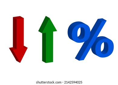 3d icon with arrow percent sign. Percent sign. Percentage, discount, sale, promotion concept. Vector illustration. stock image.