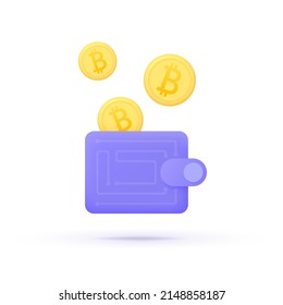 3d icon with bitcoin wallet for mobile app design. Bitcoin currency. 3d vector illustration