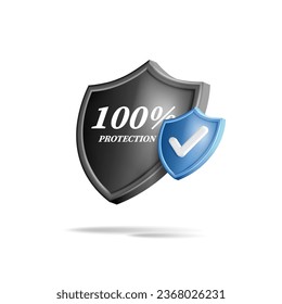 3d icon of black shield with smaller blue shield with tick, protection digital security