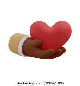 3d icon, black skinned hand holding heart shape gesture. Vector cartoon love symbol clip art. Realistic illustration of donation, insurance or charity
