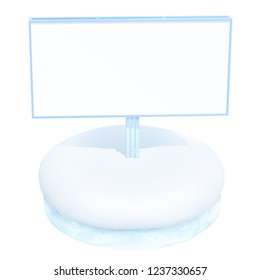 3d icon of blank billboard is placed in the center of round realistic snowdrift with a cut of transparent ice. Template for Christmas sales, winter promotions or business presentations. Vector mockup.