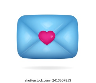 3d icon of blue envelope with pink heart on it. Love letter. New message. Happy Valentine's Day, Mother's Day, Women's Day.