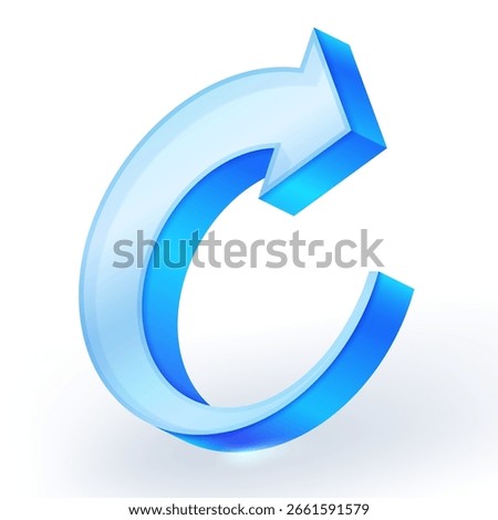 3D icon of blue glass arrow forming a clockwise circle, representing refresh, reload, repeat or cycle. Isolated on a white background for clean integration in digital designs. Vector illustration.
