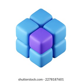 Icono 3d conjunto azul de cubos representación realista. Símbolo de concepto de estrategia y éxito en estilo de dibujos animados, infografía objetos aislados sobre fondo blanco. Ilustración vectorial.