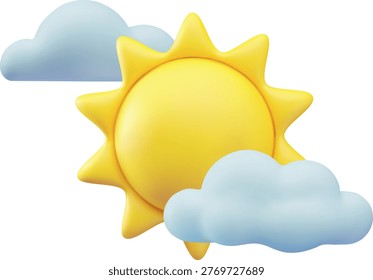 A 3D icon of a bright yellow sun with clouds. Weather forecast, meteorology, summer, leisure, spring, vacation. Suitable for stickers, postcards, app interfaces, and children's content. Vector.
