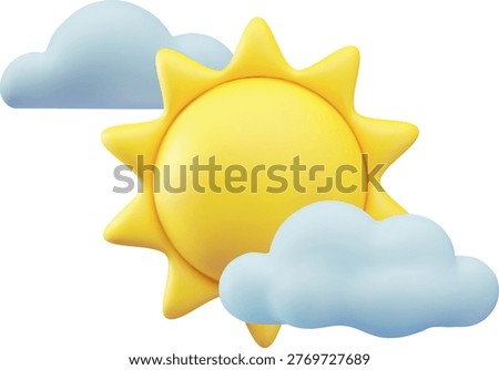 A 3D icon of a bright yellow sun with clouds. Weather forecast, meteorology, summer, leisure, spring, vacation. Suitable for stickers, postcards, app interfaces, and children's content. Vector.