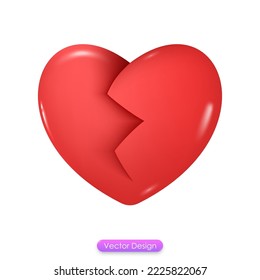 Icono 3d corazón roto aislado en fondo blanco. El corazón rojo formó un emoji roto para los medios sociales, aplicación móvil, día de San Valentín, símbolo de boda, decoración de objetos de amor romántico. Ilustración vectorial 3d.