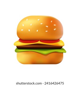 3d Icon Burger or Hamburger Isolated. Fast Food Concept. Vector Cartoon Minimal Style.