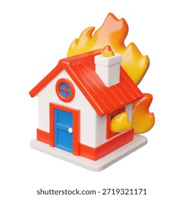 Icono 3D de una casa en llamas, un edificio blanco con un techo rojo en llamas. Concepto de emergencia, peligro, riesgo, seguro o desastre. Vector ilustración de dibujos animados. Fondo aislado. Renderizado.