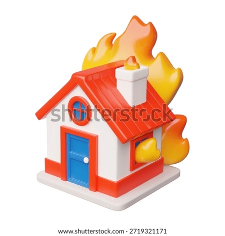 3D icon of a burning house, a white building with a red roof on fire. Concept of emergency, danger, risk, insurance, or disaster. Vector cartoon illustration. Isolated background. Rendered.