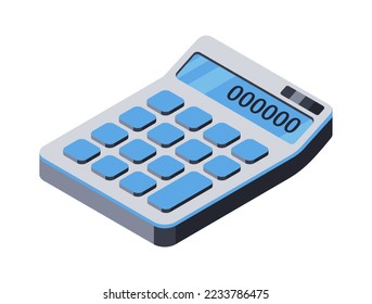 3D icon of calculator. Electronic device for calculating, mathematical operations, accounts. Gadget for work and study. Isolated object on a white background. Vector illustration in an isometric style