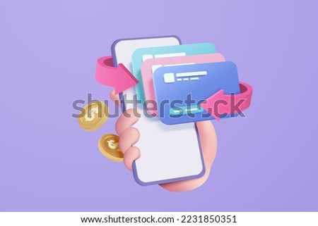 3D icon cashback credit card and money refund. money holding wallet on 3d phone, online payment and cash saving for shopping online. 3d financial credit card icon vector render for business bank