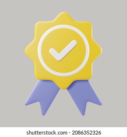 3d icon Certificate Badge vector illustration  yellow badge warranty icon and checklist   ribbon Background isolated