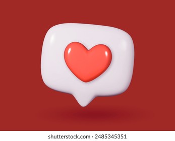 3D icon chat button with red heart. Perfect for love themed designs. Realistic and isolated on red background.