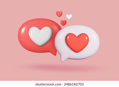 3D icon chat button with red and white heart. Perfect for love themed designs. Realistic and isolated on pink background.