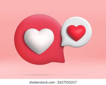 3D icon chat button with red and white heart. Perfect for love themed designs. Realistic and isolated on pink background. vector illustration