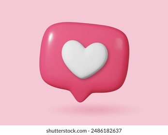 3D icon chat button with white heart. Perfect for love themed designs. Realistic and isolated on pink background.