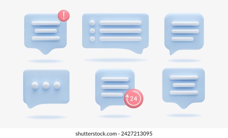 Icono 3d chat bocadillo de voz con texto de conjunto. Comunicación de mensajes de forma realista, diálogo, servicio de soporte, notificación. Símbolos para aplicaciones, web, diseño de medios. Ilustración de vector