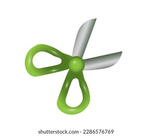 3D icon of children's scissors in green color on a white background. Vector illustration