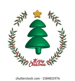 3D icon of a Christmas tree with wreath of Christmas leaves. Nice Christmas design. Card to congratulate. Editable vector