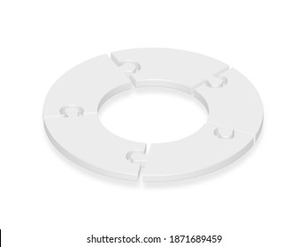 3d icon circle puzzle in white with shadow. Circle puzzle of five pieces on white background your web site design, app, UI. Monochrome. EPS10.