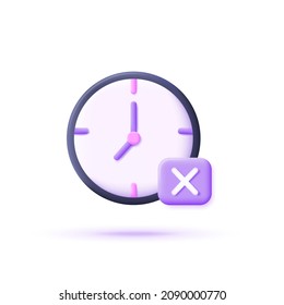 3d icon clock and cross sign. Modern and trendy icon isolated on white background. Vector in 3d style.