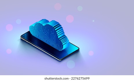 3d icon of cloud over screen smart phone. Cloud computing background concept. Data upload in internet online storage through smartphone. Cell phone synchronizes information with online cloud storage.