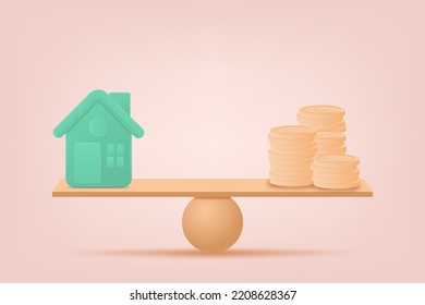 3d Icon Coin Stack And House Compare On The Weighing Scale. Financial Home Loan Management Concept. Money Exchange With Home. 3d Vector Illustration.