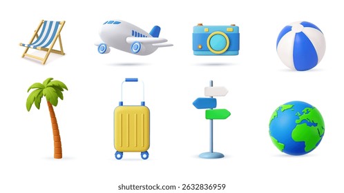 3D icon collection featuring vacation elements like airplane, suitcase, globe, palm tree, beach chair, and travel signs. 3d rendering. Vector illustration