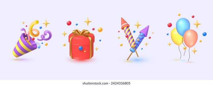 3d icon Confetti party popper, Gift Box, firework and balloon illustration design