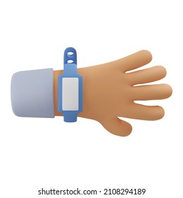 3d Icon Control Bracelet On Hand. Vector Cartoon Arm Wearing Hospital Wrtistband Gesture. Realistic Illustration