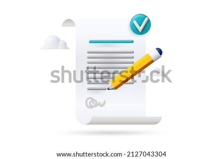 3d icon copywriting letter signed with pen. education document signed with signed pen, with the sign accepted. 3d vector illustration of business and education document