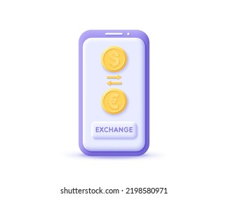 3d icon currency exchange online on smartphone. Render mobile with dollar and euro coins for online banking, stock market investment, exchange trading. 3d realistic vector illustration cellphone