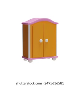 3d icon of a cute wardrobe with orange doors, white knobs, pink roof, and base. Vector illustration of a small, colorful furniture piece with a playful design, perfect for children's rooms