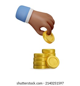 3 d Icono mano de piel oscura que da monedas. Un vector realista representa el emoticono. Concepto de dinero, elemento de diseño de monedas de oro aislado en fondo blanco