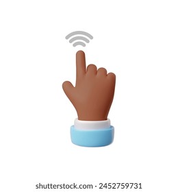 3D icon of a dark skinned hand with a sleeve in a cartoon style, showing the movements of the index finger. Visual effect of touch control on isolated background.