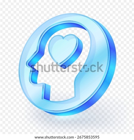 3D icon depicting a human head with a heart inside, representing the connection between mental health and emotional well being. A symbol of self care, mindfulness and empathy. Vector illustration.