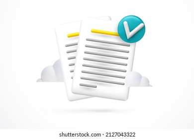 3d icon of documents approved and signed. business icon checked and approved sample paper sheet document , quality assurance vector illustration 3d realistic