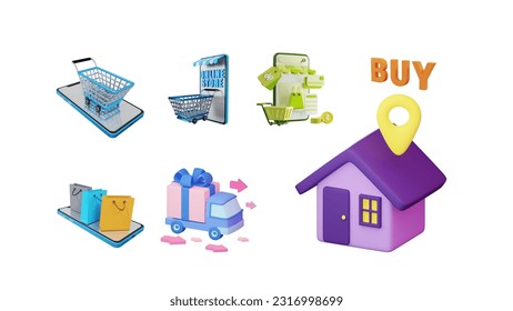 3D icon E-commerce house pin location for online shopping. Online shopping, add to cart and send house location to get home delivery.